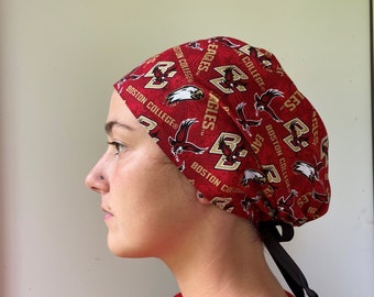 Scrub Hat made from Boston College, Eagles Chapstick Keychain, Boston College Badge Reel, One Size Fits All Scrub Ties in back