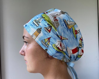 Sailboats Scrub Cap, Light Houses Scrub Hat, Lighthouse One Size Fits All Sailboats Surgical Scrub Cap with Adjustable Tie in Back