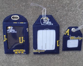 Work ID Badge Holder Protector Luggage Bag Identification Tags made from University Michigan University Wolverines Fabric