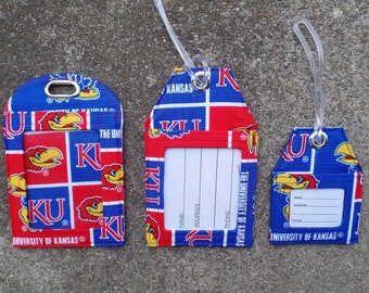 Luggage Tags made from  Kansas Jayhawks Red and Blue Fabric University Kansas Luggage Bag Tags Work Identification Badge Protector Holder