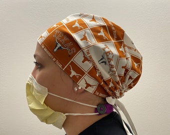 Scrub Hat made from Texas Longhorns Fabric, University of Texas Badge Reel, Texas Longhorns Surgical Scrub One Size Fits All Adjustable