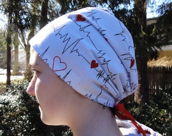 Monogrammed EKG,Cardiac Care Scrub Hat,Red Heart Surgeon Heart Monitor Fabric Scrub Hat,One Size Fits All Surgical Scrub Cap Adjustable Ties