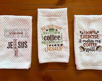 Embroidered Coffee towel,Coffee and Jesus gift, Coffee and Jesus Towel present, hand towel with Coffee designs