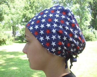 Monogrammed Patriotic Stars Scrub Cap,Red White Stars Scrub Head,Americana Red White Blue One Size Fits All Adjustable, Surgical Scrub Cap