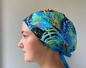 Monogrammed Rainbow Fish Fabric Scrub Hat, Rainbow Fish Fabric Surgical Scrub Hat, One Size Fits All Surgical Scrub Adjustable Tie in Back