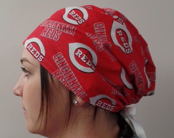 Cincinnati Reds MLB Fabric Surgical Scrub Hat, Cincinnati Reds Surgical Scrub Hat, Unisex One Size Fits All With Adjustable Tie