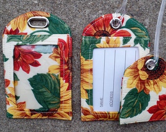 Sunflowers Fabric Work ID Sunflowers Fabric Badge Holder Protector Sunflowers Luggage Identification Small Large Bag Tags to Mark your Gear.