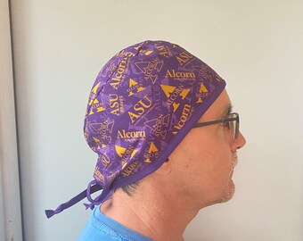 Alcorn State University Bravehawks Scrub cap, Alcorn Fabric, Alcorn State Surgeon Surgical Scrub Hat, Bravehawk Scrub cap Tie in Back Scrub