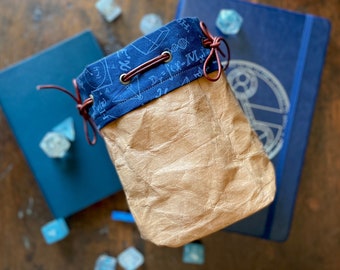 math rocks - gold and blue dice bag - arithmetic-themed pocketed drawstring pouch for dnd and ttrpg dice
