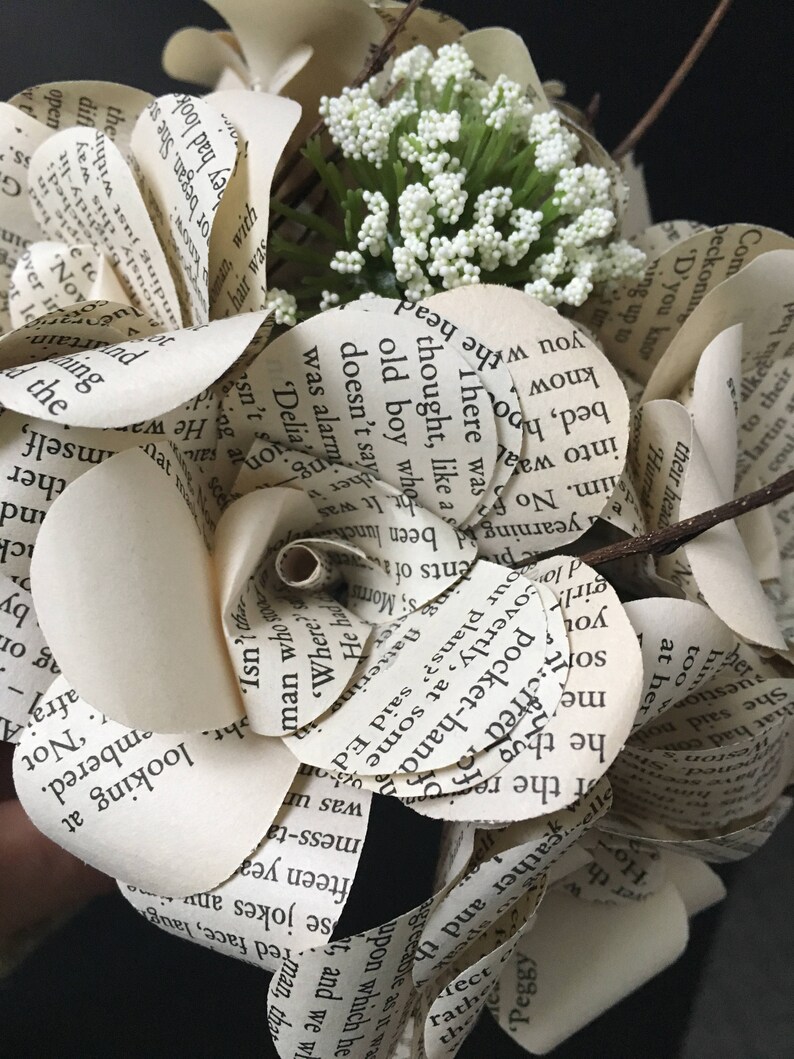 Vintage book page flower bouquet rustic ivory roses with Etsy
