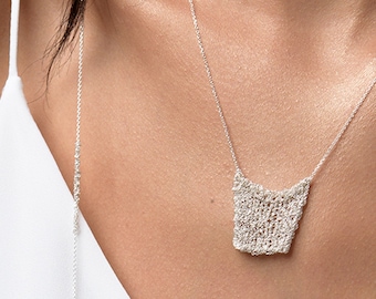 Unique Sterling Silver Square Pendant Necklace, Delicate Silver knitted Necklace, Minimalist Necklace for Women, Christmas Gift for Her