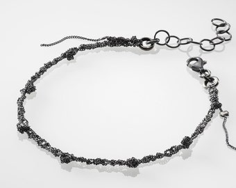Delicate Black Simple Shiny Bracelet, Artisanal Crocheted Bracelet, Silver Chain Braided Bracelet, Unique Layered Bracelet for Women