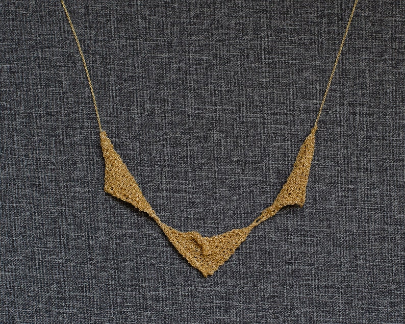 14k Gold Sparkly WOW Unique Handknitted Necklace, Impressive Shiny OOAK Necklace, 14k Gold Handmade Statement Women Evening Necklace image 3