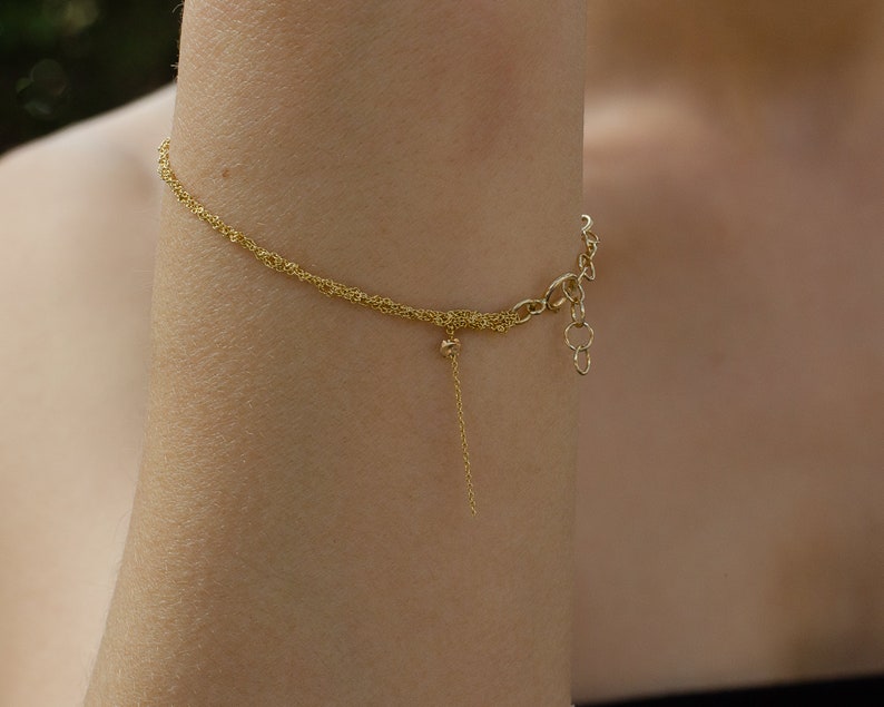 14K Gold Handknitted Layered Delicate Women Everyday Bracelet, Gold Thin Simple Bracelet, Gold Dainty Special Bracelet gift for her image 2