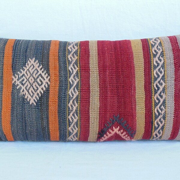 Long Kilim Pillow Cover DECOLIC Throw Pillow Decorative Pillow Kilim Turkish Pillow Lumbar Pillow 12 x 24 " 30 x 60 cm blue