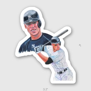 May include: A sticker featuring a baseball player in a New York Yankees uniform, holding a bat and wearing a cap with the team logo. The sticker is 3.2 inches wide and 4 inches tall.