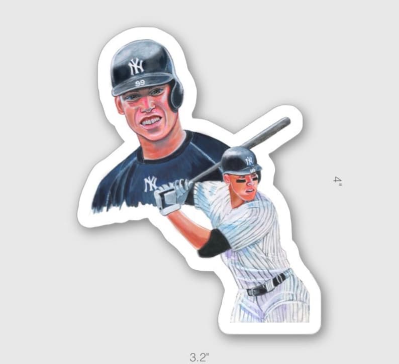May include: A sticker featuring a baseball player in a New York Yankees uniform, holding a bat and wearing a cap with the team logo. The sticker is 3.2 inches wide and 4 inches tall.