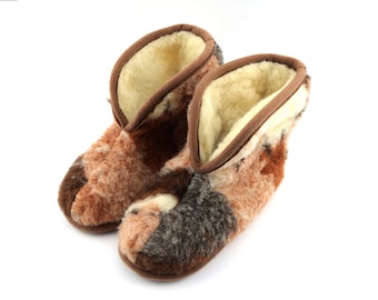 Wool High Booties Slippers Women Ladies Brown Mixed Colors Merino Sheep Lambswool Natural Warm Indoor House Non Slip