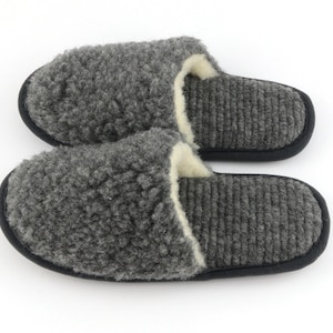 Wool Slip-on Slippers Gray Color Merino Sheep Natural Men Women Multiple Sizes Warm Indoor Eco image 3