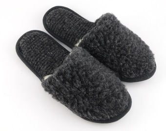 Pantuflas de lana para hombre, color negro, de oveja merino, de lana natural, cálidas, cómodas, en varios tamaños, antideslizantes, ecológicas, para interiores.