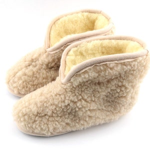 Hoge laarzen Wollen pantoffels Dames Dames laarsjes Enkel Beige Kleur Natuurlijk Merino Schapen Lamswol Huis Binnen Antislip