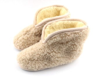Bottes hautes chaussons en laine femme dames chaussons cheville couleur beige mérinos naturel mouton laine d'agneau maison intérieur antidérapant