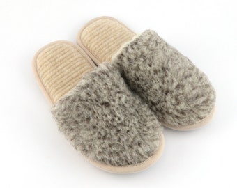 Wool Slip-on Men Slippers Gray Beige Brown Mix Color Merino Sheep Natural Lambswool Indoor Eco Non slip