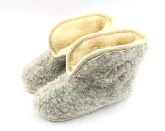 High Ankle Wool Slippers Booties Women Ladies Lambswool Boots Gray Color Merino Sheep Natural Eco Cozy House Indoor Non slip