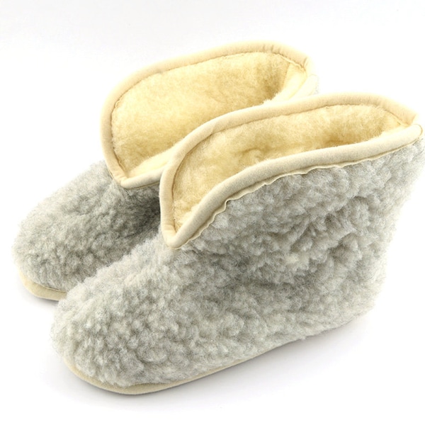 High Ankle Wool Slippers Booties Women Ladies Lambswool Boots Gray Color Merino Sheep Natural Eco Cozy House Indoor Non slip