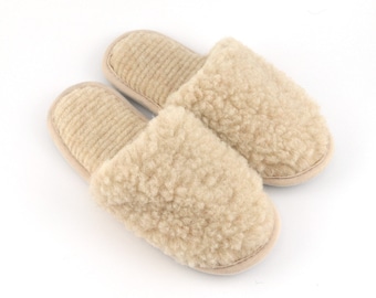Pantuflas de lana para mujer, color beige, oveja merino natural, varios tamaños