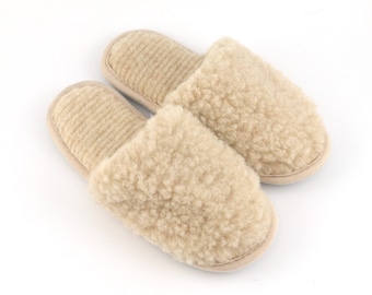 Pantuflas sin cordones de lana para mujer, color beige, oveja merina, natural, varios tamaños