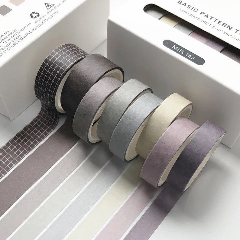 8 WASHI TAPE ROLLS Black \u2022 Lilac \u2022 Milk \u2022 Slate