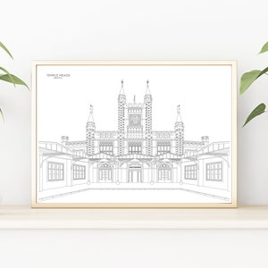 May include: A black and white line drawing of Temple Meads railway station in Bristol, England. The drawing is framed in a light wood frame and is displayed on a white shelf.