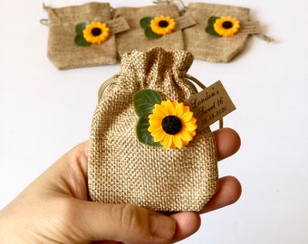 10 dragées tournesol, dragées pour invités, cadeaux de mariage, dragées personnalisées rustiques, dragées rustiques, sacs en toile de jute, cadeaux