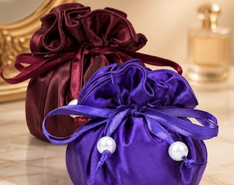 Satin Jewelry Pouch - 16 Pockets (8 Double Pockets) Travel Organizer, Handmade Quality