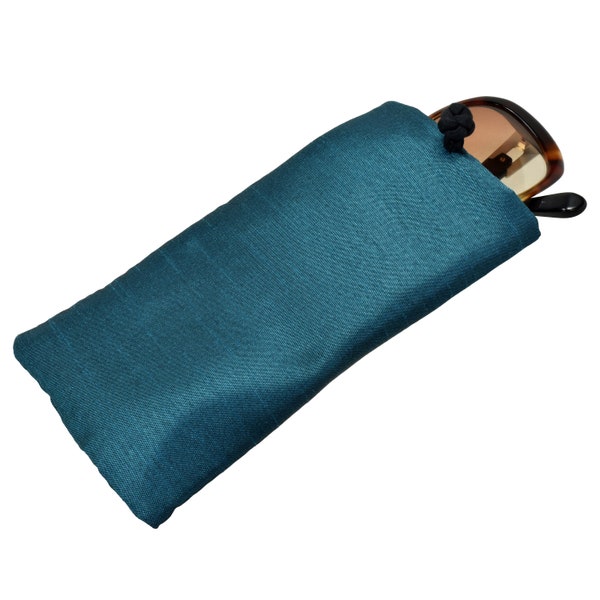 Soft Eyeglass Case (Sunglasses Pouch), Knot and Loop Closure, Poly Dupioni Silk and Raw Thai Silk, Teal and Black