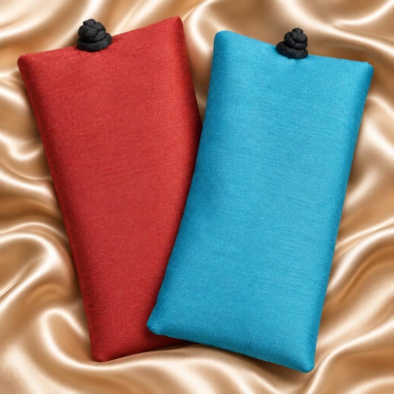 May include: Two rectangular fabric pouches, one in deep red and one in bright turquoise, each featuring a textured weave and a single black knotted button closure at the top center. The pouches are positioned side by side with a clean, flat design.