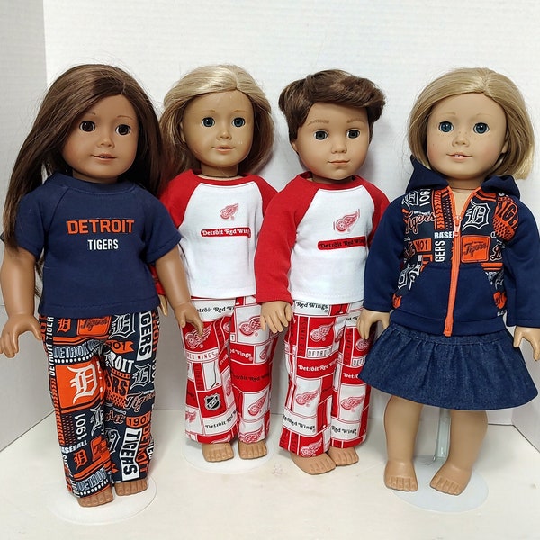 Detroit Tigers, Red Wings Michigan fits 18" American Girl Boy Dolls party outfit clothes hockey football sport hoodie T-shirt pants skirt