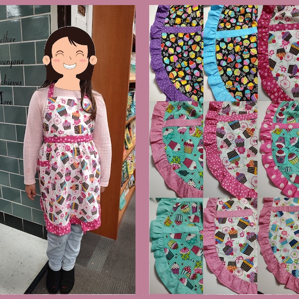 Cupcake Apron for Older Child, Teen, Petite Adult with pocket, adjustable, neck and waist ties, ruffle accent, extra full, side coverage