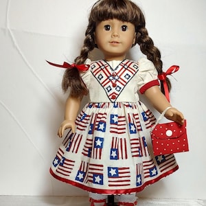 Historic dress Purse hair bows fits Molly or 18&quot; American Girl Dolls Patriotic outfit Red White Blue Stars Flags 4th of July Memorial Day