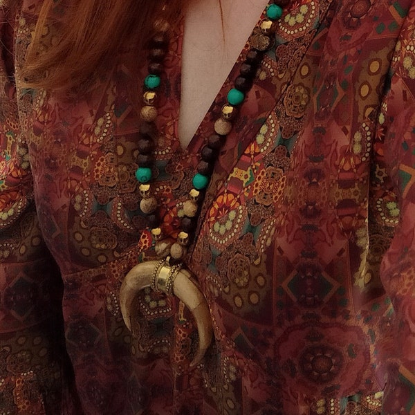 Collier sautoir bohème perles/ Collier corne /bohostyle/ collier marron or turquoise