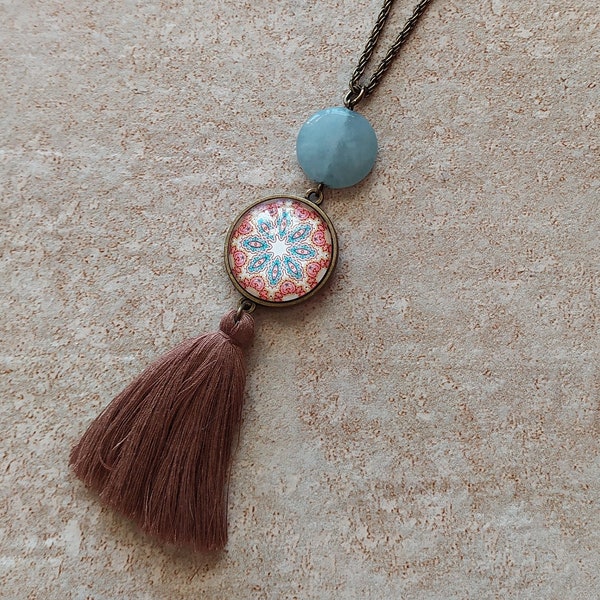 Collier  sautoir pompon marron /cabochon pendentif motif oriental mandala/ esprit bohème