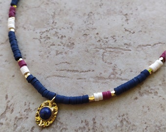 Blue beaded heishi necklace/golden pendant/boho