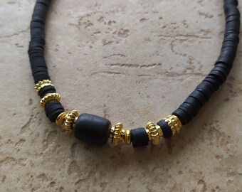 Black and gold boho necklace for women with heishi surfer beads