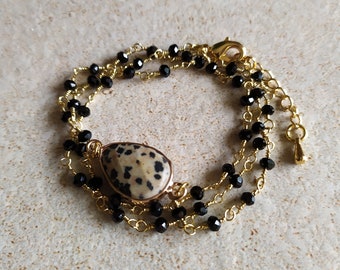 Bracelet bohème pierre agate multi tours /noir doré /bracelet manchette