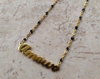 Gold steel chain necklace beads black pendant love