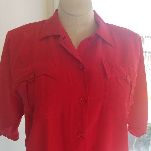 Vintage 80s Renzo Realli Women's Red Short Sleeve Button Front Silk Shirt Blouse Size 10