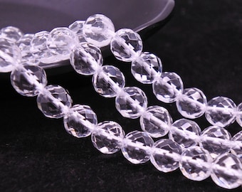 Perles de quartz clair naturel de grade A à facettes, avec 64 facettes, rondes de 6 mm à 14 mm, brin de 13,8 pouces (GW25)