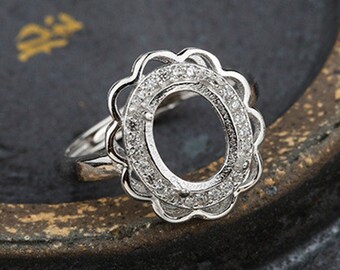 Ring Blank (8x10mm Oval Blank) Adjustable Ring Setting White Gold Plated 925 Silver Zircon Ring Base R1393B