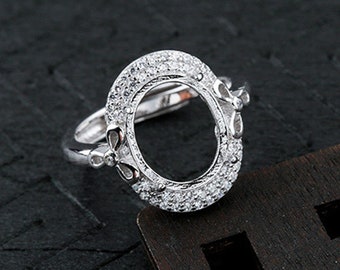 Ring Blank (10x12mm Oval Blank) Adjustable Ring Setting White Gold Plated 925 Silver Zircon Ring Base R1464B